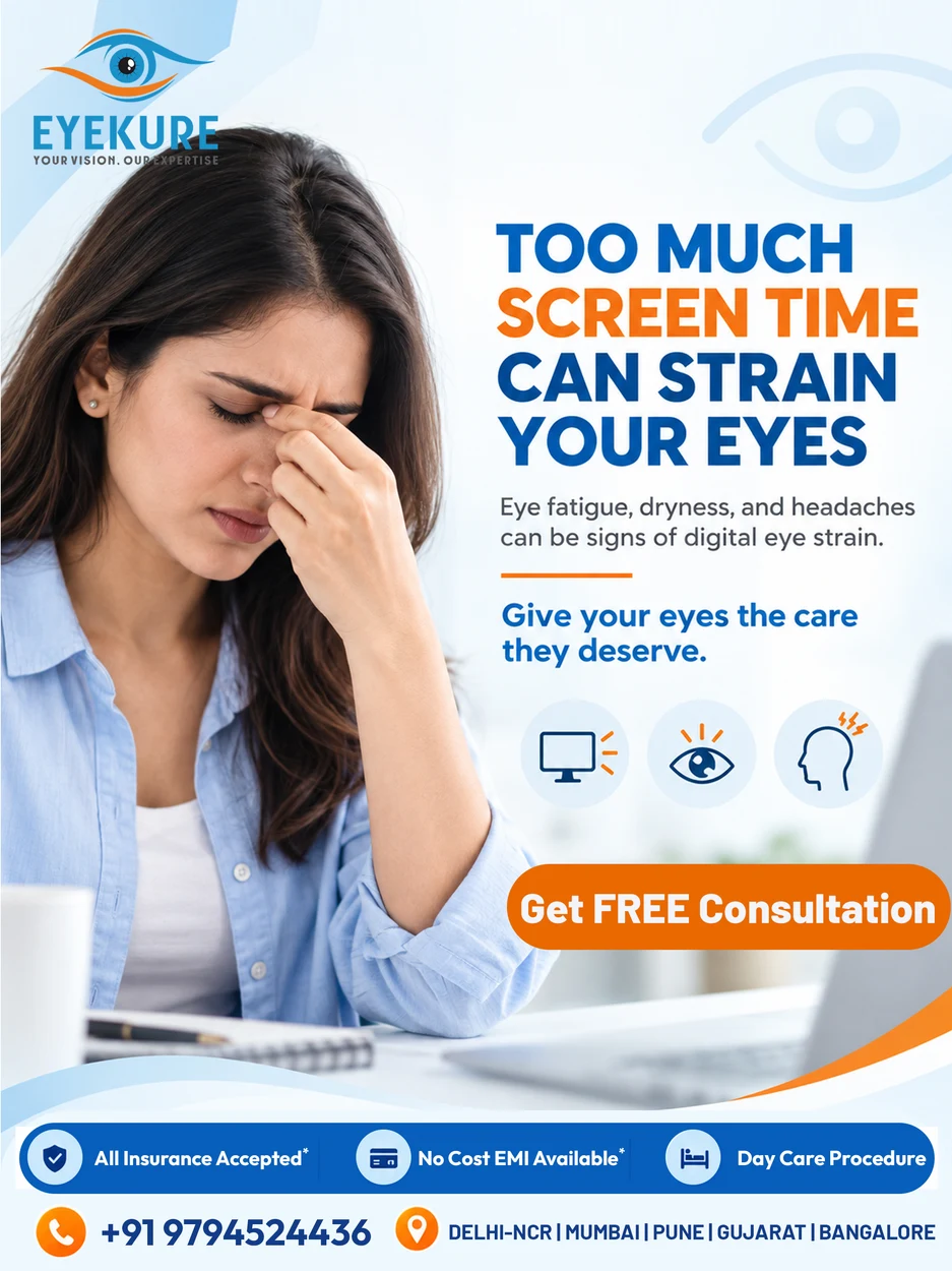 Eyekure screen-time awareness post showing a woman resting her eyes