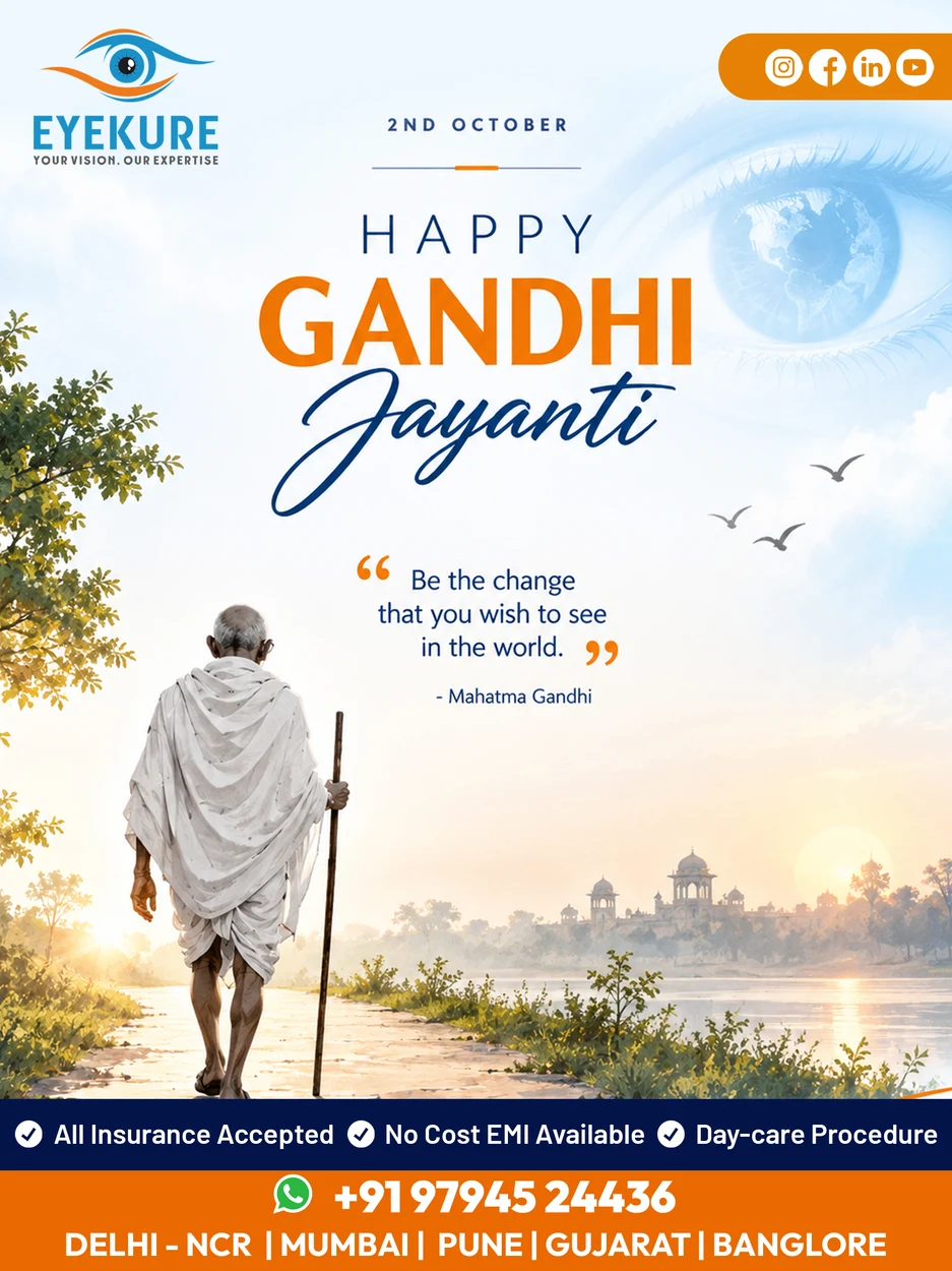 Eyekure Gandhi Jayanti greeting with an illustrated portrait of Gandhi
