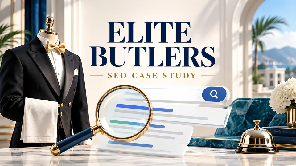Elite Butlers SEO case study cover with hospitality and search illustrations