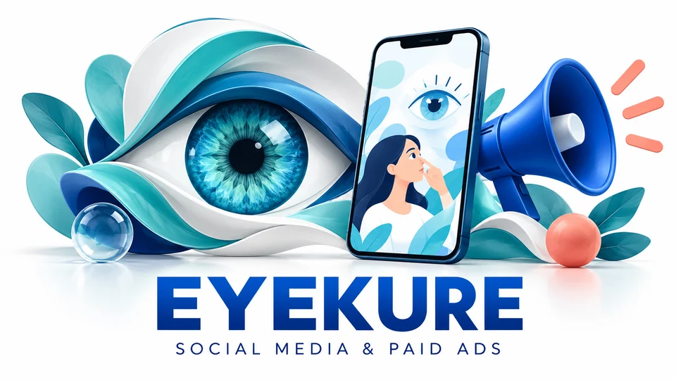 Eyekure social media and paid ads case study cover with eye care and campaign illustrations
